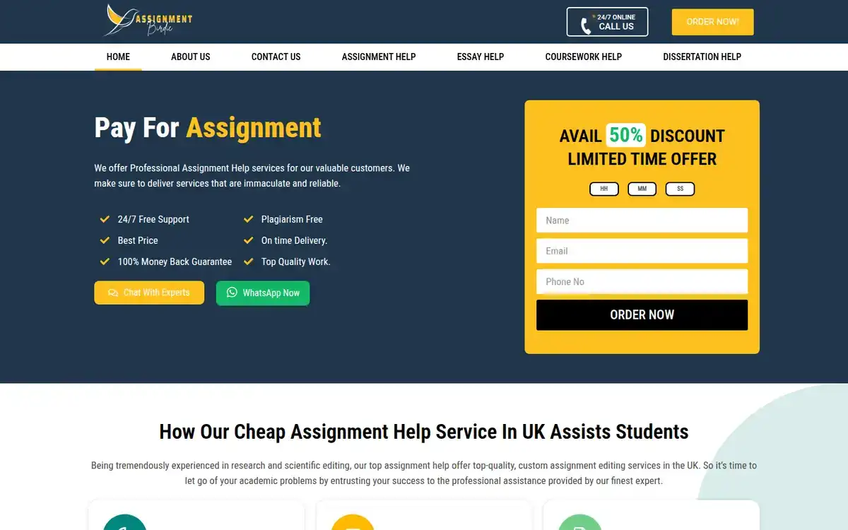 Assignment Birdie homepage, an academic-services site