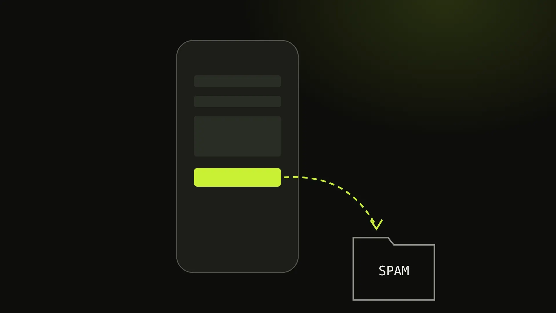A dark phone outline showing a quote form, with an arrow from the send button curving away into a folder marked spam.