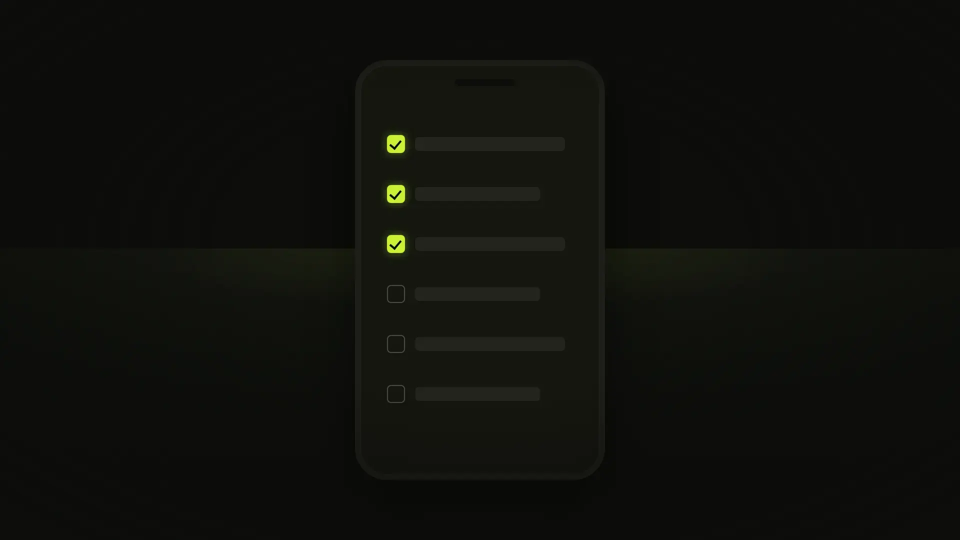 A dark phone outline holding a short checklist, three rows ticked in lime and the rest still empty.