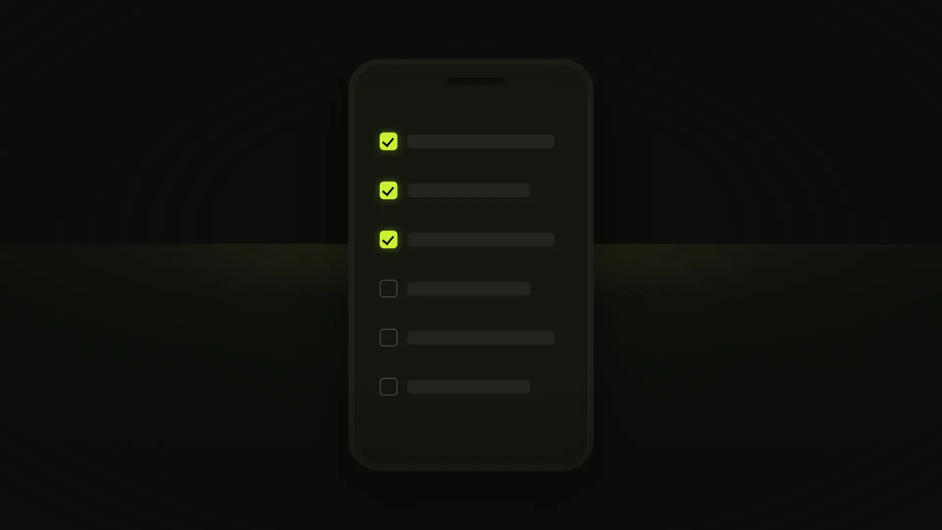 A dark phone outline holding a short checklist, three rows ticked in lime and the rest still empty.