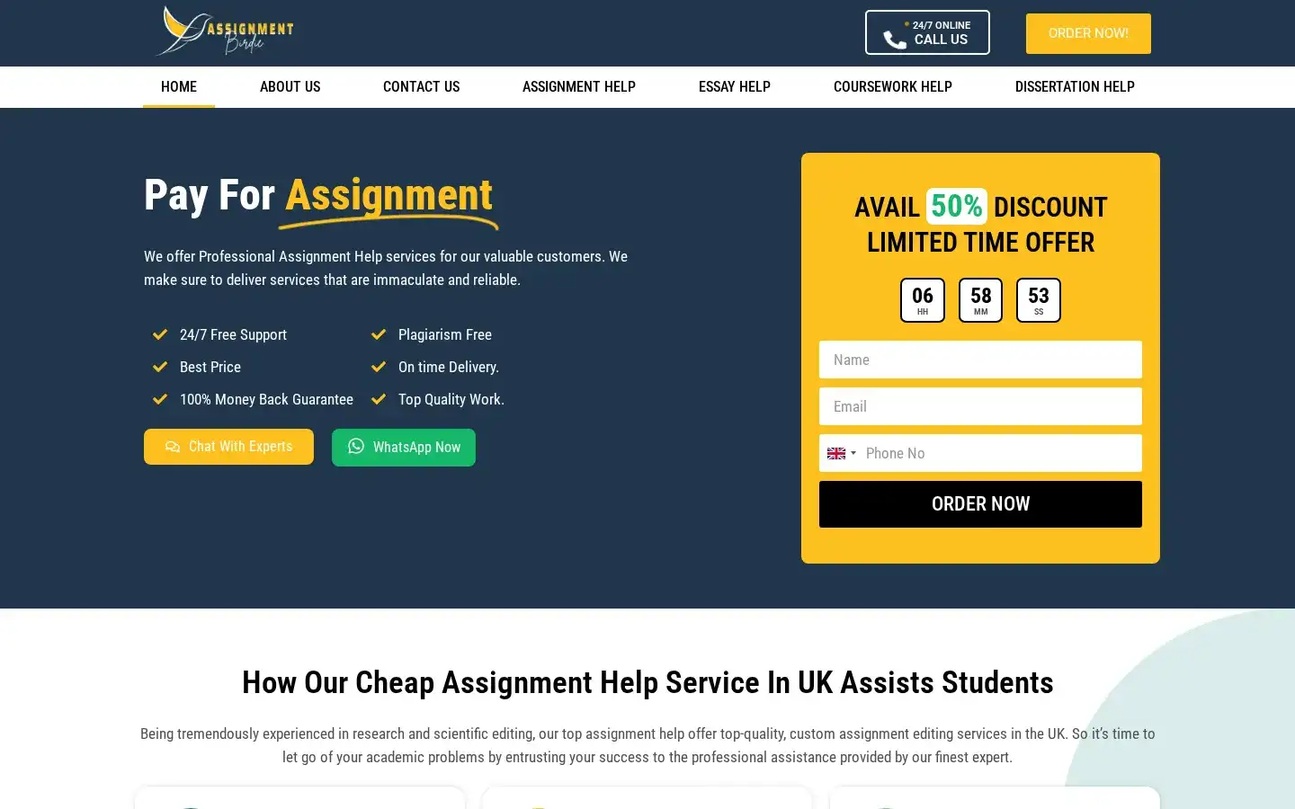 Assignment Birdie homepage on a desktop screen