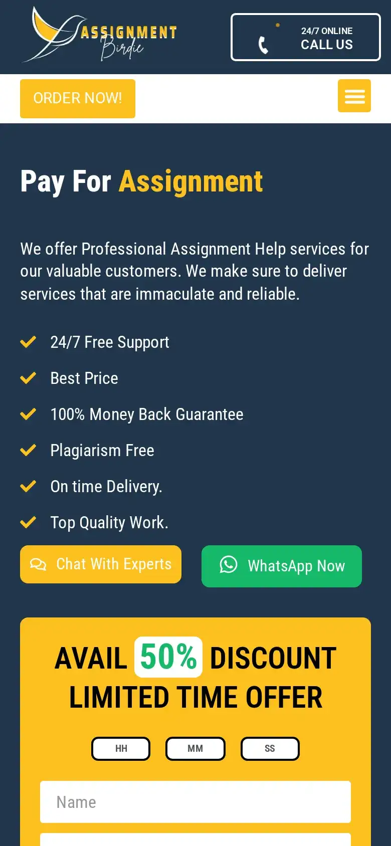Assignment Birdie homepage on a phone