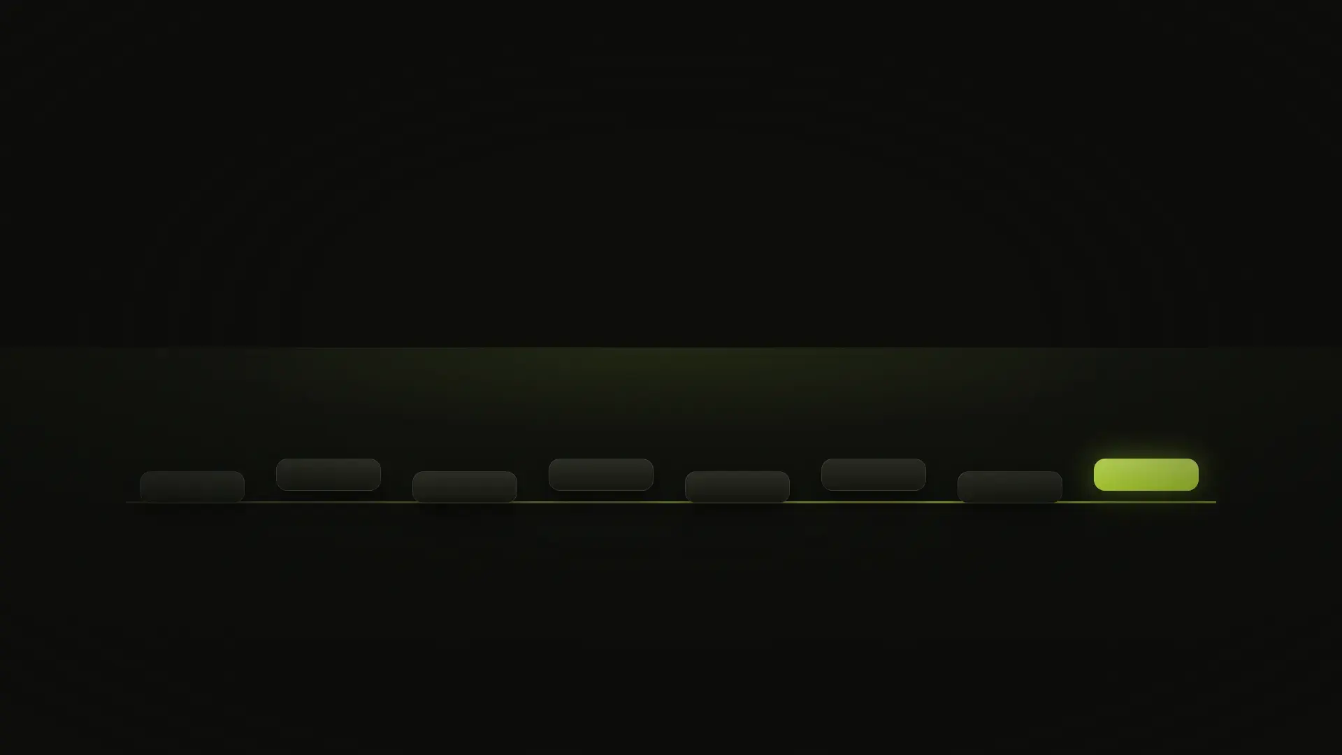 Eight dark stepping stones in a row on a charcoal floor, the last one lit lime, a thin path joining them.