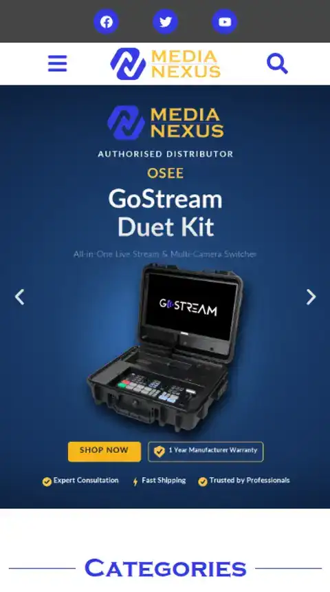 Media Nexus shop homepage on a phone, a WooCommerce store at medianexus.com.pk