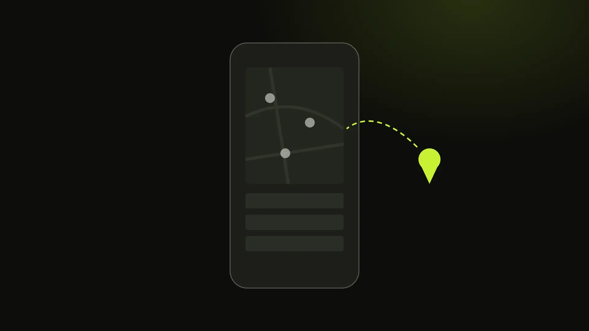 A dark phone outline showing a map with three pins, and one lime pin outside the list waiting to be found.