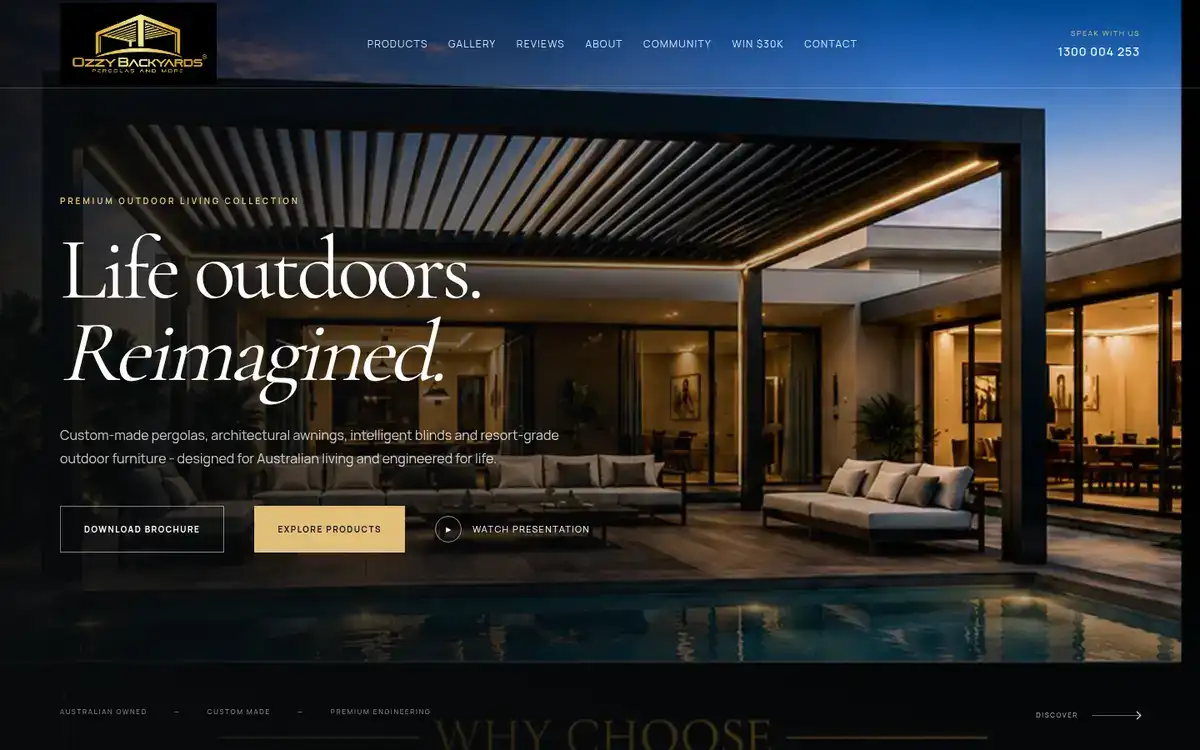 Ozzy Backyards homepage, an Australian outdoor-living site, shown in a laptop frame