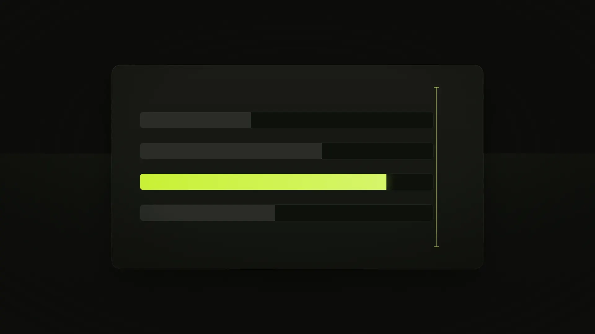 A dark ledger card with four horizontal budget bars, the third filled lime, a thin measuring tick beside them.