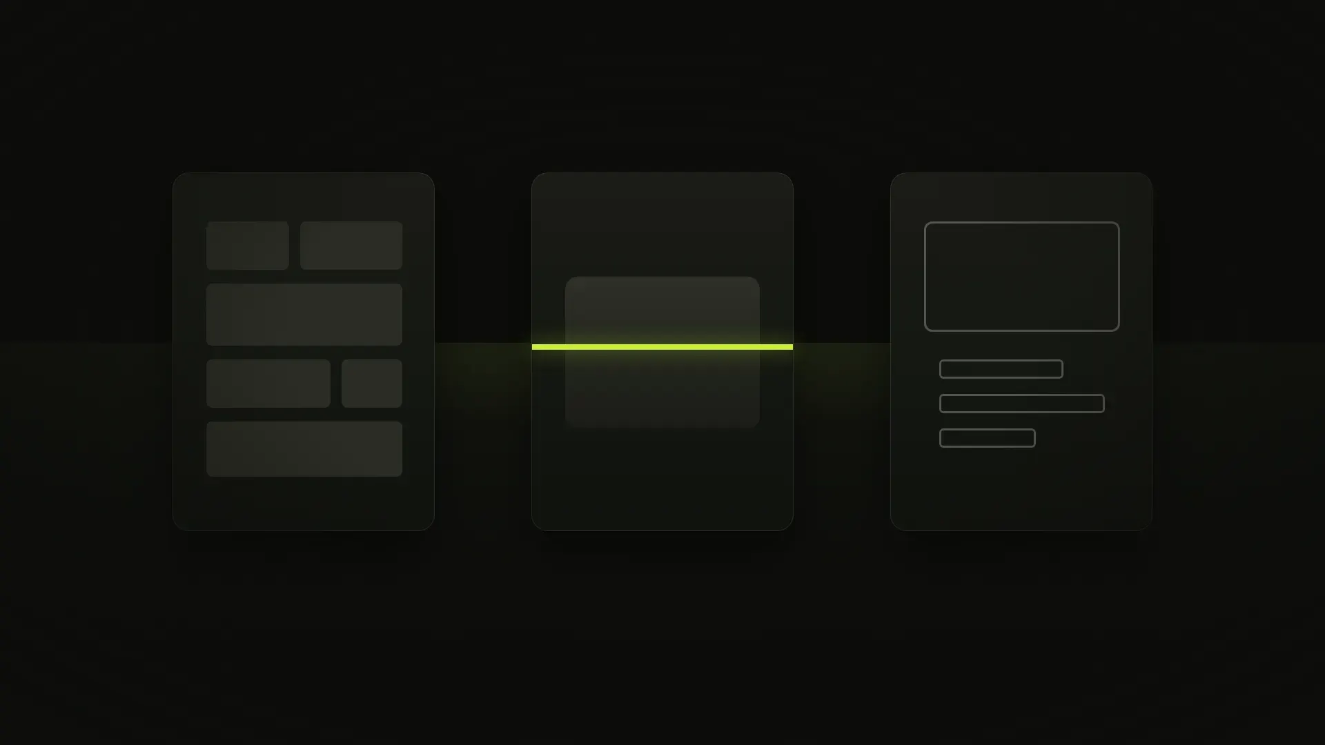 Three dark panels in a row: stacked blocks, a smooth slab, and an open wireframe, with a lime seam on the middle panel.