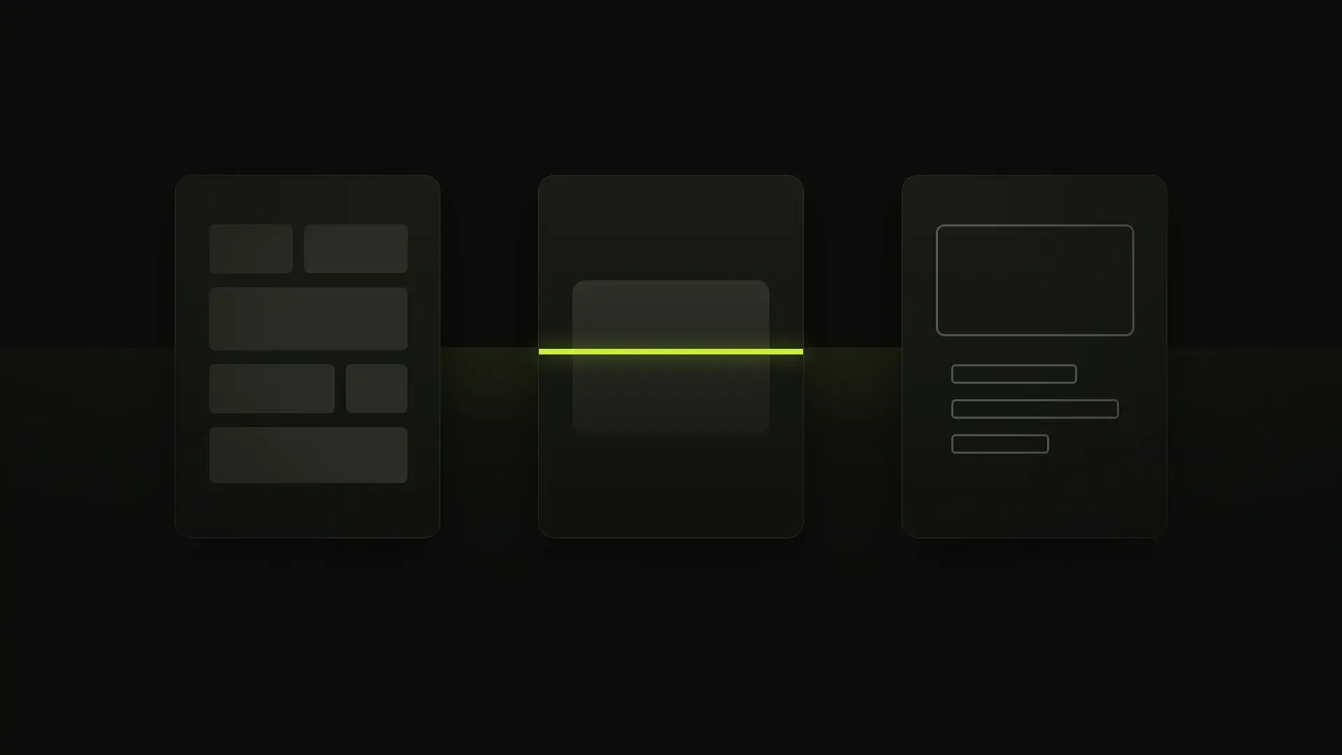 Three dark panels in a row: stacked blocks, a smooth slab, and an open wireframe, with a lime seam on the middle panel.